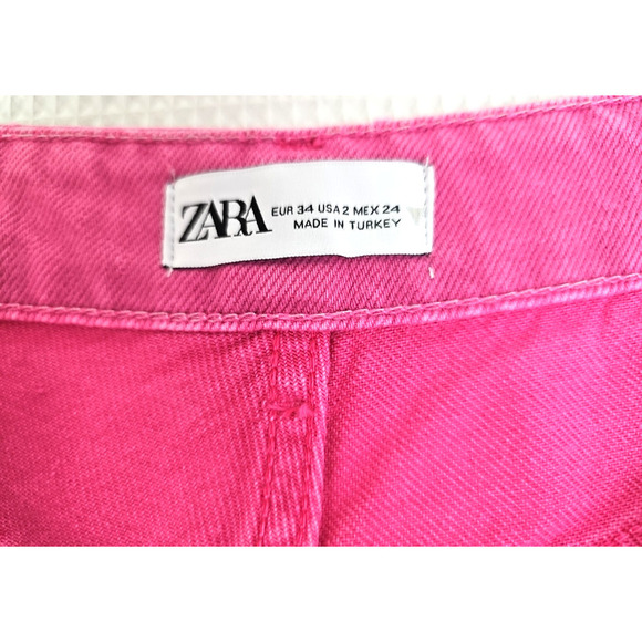 Zara Jeans ~Womens 2~ Pink Wide Leg High Rise Denim Raw Edge Hem Bright Barbie. - Picture 10 of 14